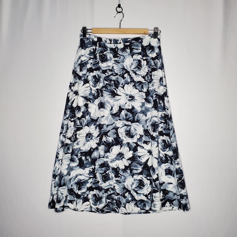 Vtg Inclinations Midi Skirt Women‎ 8P Black Blue Monochrome Floral Cottagecore
